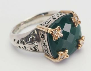 Classic Sterling Silver 14k Gold Diamonds And Green Agate Designer Ring Size 7
