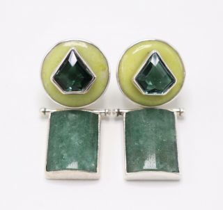 Darla Nordstrom Signed Designer Sterling Silver Green Geometric Clip Earrings
