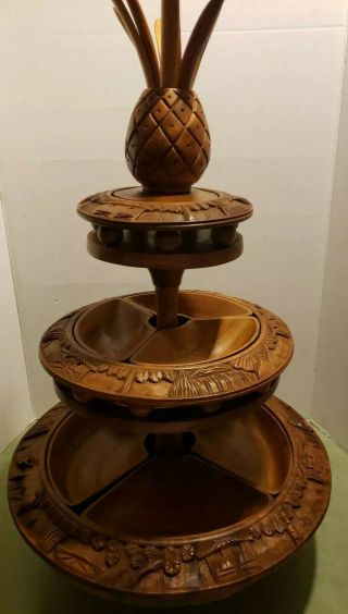 Vintage 3 Tier Carved Wood Monkey Pod Pineapple Lazy Susan Serving Relish Tray