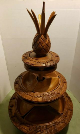 Vintage 3 Tier Carved Wood Monkey Pod Pineapple Lazy Susan Serving Relish Tray 2