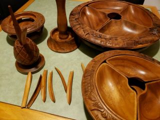 Vintage 3 Tier Carved Wood Monkey Pod Pineapple Lazy Susan Serving Relish Tray 3