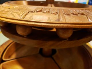 Vintage 3 Tier Carved Wood Monkey Pod Pineapple Lazy Susan Serving Relish Tray 8