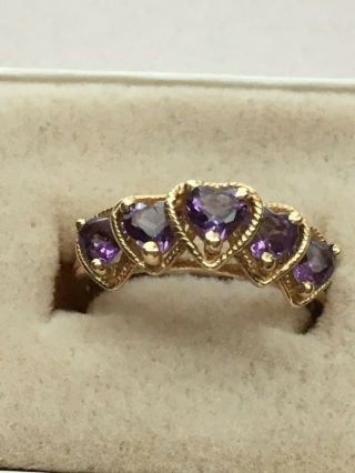 Vintage 10k Yellow Gold Ring With Cluster Of 5 Heart Shaped Amethyst Stones 6 ¼