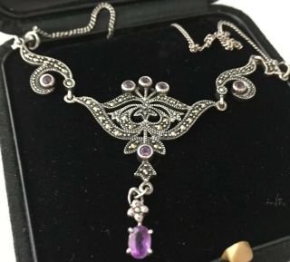 Vintage Art Deco Jewellery Gorgeous Sterling Silver & Amethyst Drop Necklace
