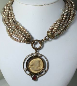 Vintage Signed Extasia Intaglio Glass Cameo Pendant 8 Strand Pearl Necklace