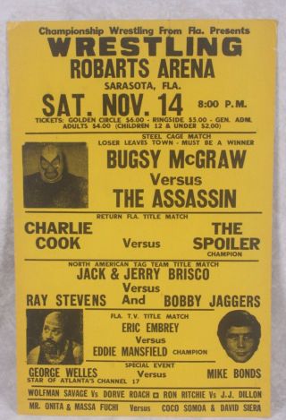 Vintage Nwa Florida Championship Wrestling Poster 1981 Sarasota Bugsy Mcgraw