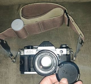 Vintage Canon AE - 1 35mm Camera Chrome Canon Lens 50mm 1:1.  8 Strap/Film Holder 2