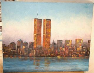 Antique Vintage Oil Painting On Canvas " Twin Towers - World Trade Center " Signed