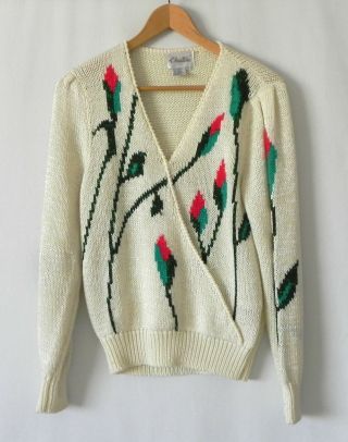 Vtg Christine Sweater Long Sleeve V - Neck Rayon Blend Floral Size M