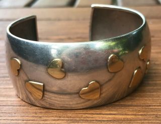 1ar Uno Aerre Wide Sterling Cuff Bracelet With Applied Gold Hearts 25 Grams
