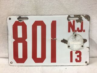 Vintage 1913 Jersey Porcelain License Plate With Seal.  (low Number 801)