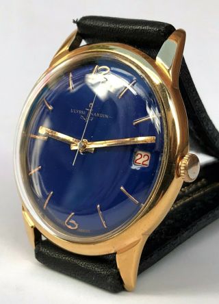 VTG ULYSSE NARDIN CALENDAR BLUE DIAL 18KTS GOLD PLATED CASE 1950 4