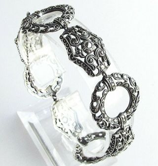 Ladies Vintage Solid Silver Sterling Art Deco Link Bracelet Marcasite Gemstones