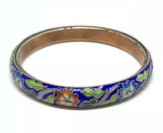 Vtg Cloisonne Thick Copper Bangle Bracelet 7.  75”