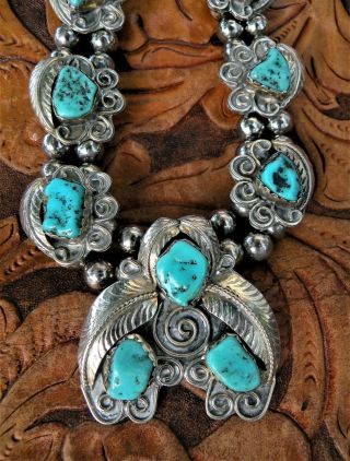 Vintage Navajo Silver And Turquoise Beaded Squash Blossom Necklace 133 Grams