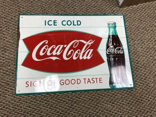Coca - Cola Tin Fishtail Sign Sign Of Good Taste Rare Antique