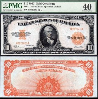 1922 $10 Fr.  1173a Gold Certificate Pmg Xf40 Rare