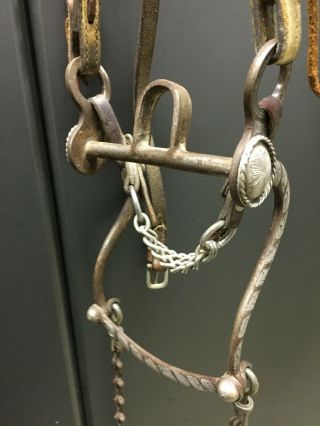 Vintage silver bit,  with headstall,  rein chains and rawhide reins and romel. 6