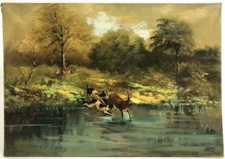 Antique Oil On Canvas Dogs Hunting Deer Vintage Painting Signed Iris 27”