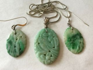 3 Piece Set Of Vintage Jade And Silver Necklace & Matching Earrings
