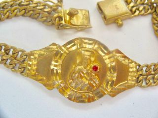 Vintage Christianity Italy Italian 14k Gold Mother Mary Red Stone Bracelet 7 "
