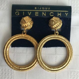 Givenchy Bijoux Vintage Clips Gold Tone Hoops Signed 2 1/4” Rare Heavy Statement
