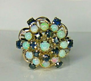 Striking Antique 1.  50 Ct Opal,  Sapphire & Diamond 18k Yg Ring W/ Sizing Service