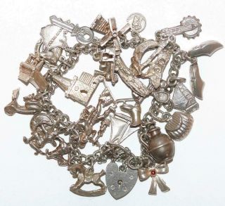 7.  5 " Loaded Vtg Sterling Silver Padlock Charm Bracelet,  Opening Moving 47g