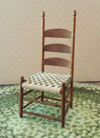Dollhouse miniature artisan made wood slat back Shaker chair w/woven seat 2