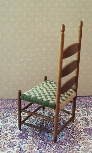 Dollhouse miniature artisan made wood slat back Shaker chair w/woven seat 5