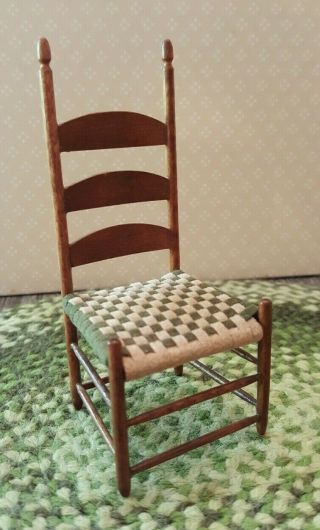 Dollhouse miniature artisan made wood slat back Shaker chair w/woven seat 8