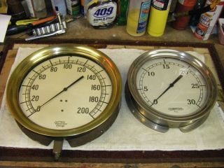 2 Antique Large 14 And 11 1/2 Brass And Chrome Pressure Gauges