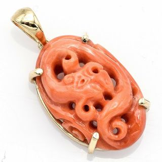 Vintage 14k Yellow Gold Carved Red Coral Dragon Charm Pendant 3.  9 Grams