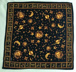 Vintage Gianni Versace 100 Silk Scarf Zodiac Sun Moon Stars Dark Blue Gold