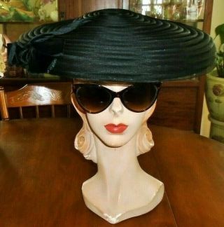 Vintage 1940s 50s Black Mesh Ribbed Tilt Platter Hat Velvet Bow Hilde` Madison 