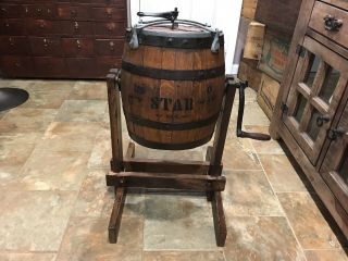 Antique Star Wooden Barrel Butter Churn With Stand