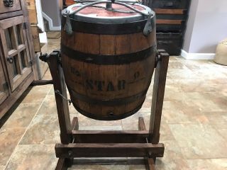 Antique STAR Wooden Barrel Butter Churn With Stand 4