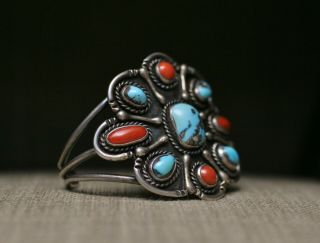 Huge Vintage Native American Navajo Sterling Turquoise Coral Cuff Bracelet 2