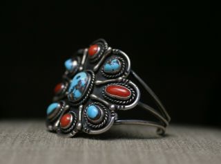Huge Vintage Native American Navajo Sterling Turquoise Coral Cuff Bracelet 6