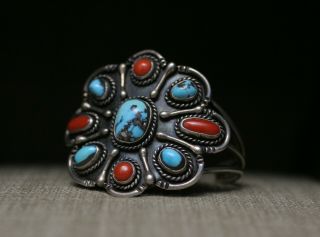 Huge Vintage Native American Navajo Sterling Turquoise Coral Cuff Bracelet 7