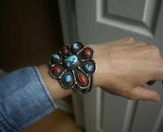 Huge Vintage Native American Navajo Sterling Turquoise Coral Cuff Bracelet 9
