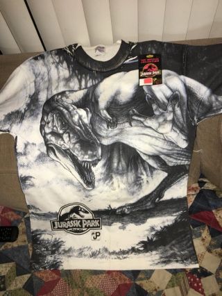 Vintage 1993 Jurassic Park T Shirt Size Large Double Sided Allover Print Rare