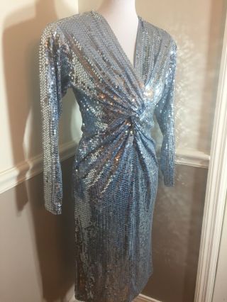 Vtg Oleg Cassini Shimmering Blue Sequin Cross Over Bodice Evening Party Dress 6