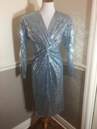 Vtg OLEG CASSINI Shimmering Blue SEQUIN Cross Over Bodice Evening Party DRESS 6 2