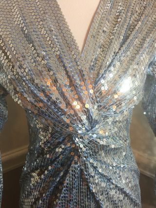 Vtg OLEG CASSINI Shimmering Blue SEQUIN Cross Over Bodice Evening Party DRESS 6 3