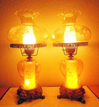 Gone With The Wind Pair Vintage Huge 3 - Way Smoked Glass Etched Hurricane Lamps