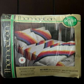 Vtg Thomaston Rainbow Stripe Sheet Set Full Size Flat,  Fitted,  & Pillowcases Nos
