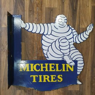 Michelin Tires 2 Sided Vintage Porcelain Sign 20 X 18 Inches With Flange