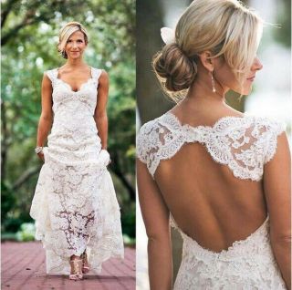 Wedding Dresses V - Neck Keyhole Back A Line Vintage Custom Made Bridal Gowns