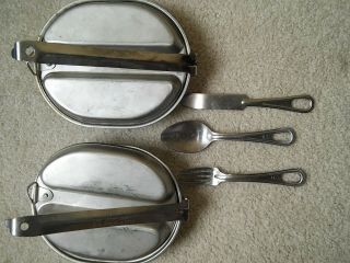 Two (2) Us Army Mess Kits Dated 1982,  Set Of Utensils